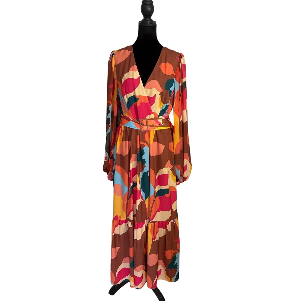 Hutch Womens Abstract Print V-Neck Belted Maxi Dress Brown Multi Size 8